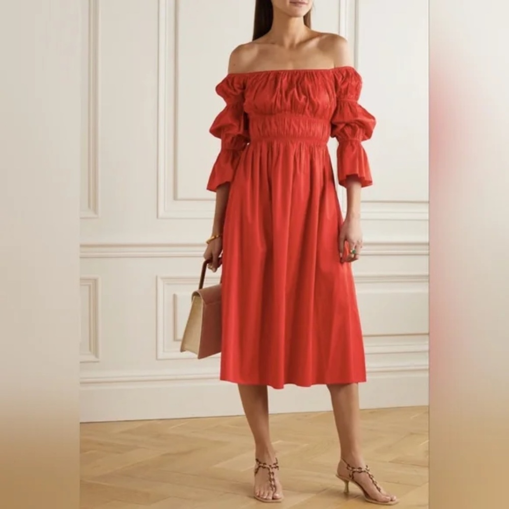 Cult Gaia Stella Orange Linen Off Shoulder Midi Dress Sz S Quiet Luxury Designer